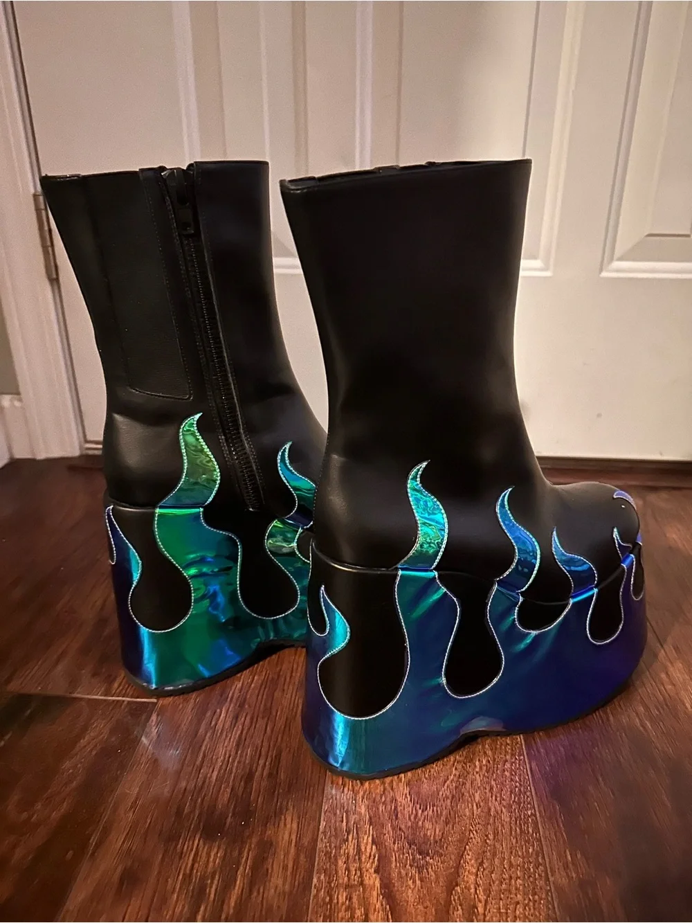 Dollskill x ClubExx Black Platform Ankle Boots w/ Iridescent Flames Cerulean